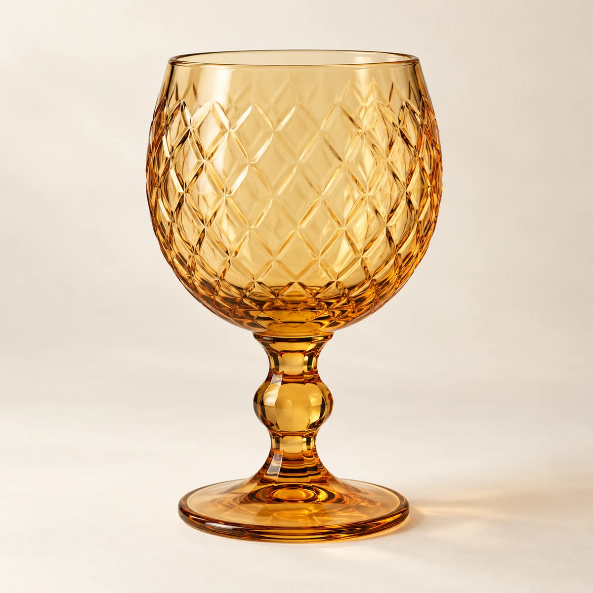 Facet Goblet — Honey Amber, rounded bowl · diamond lattice