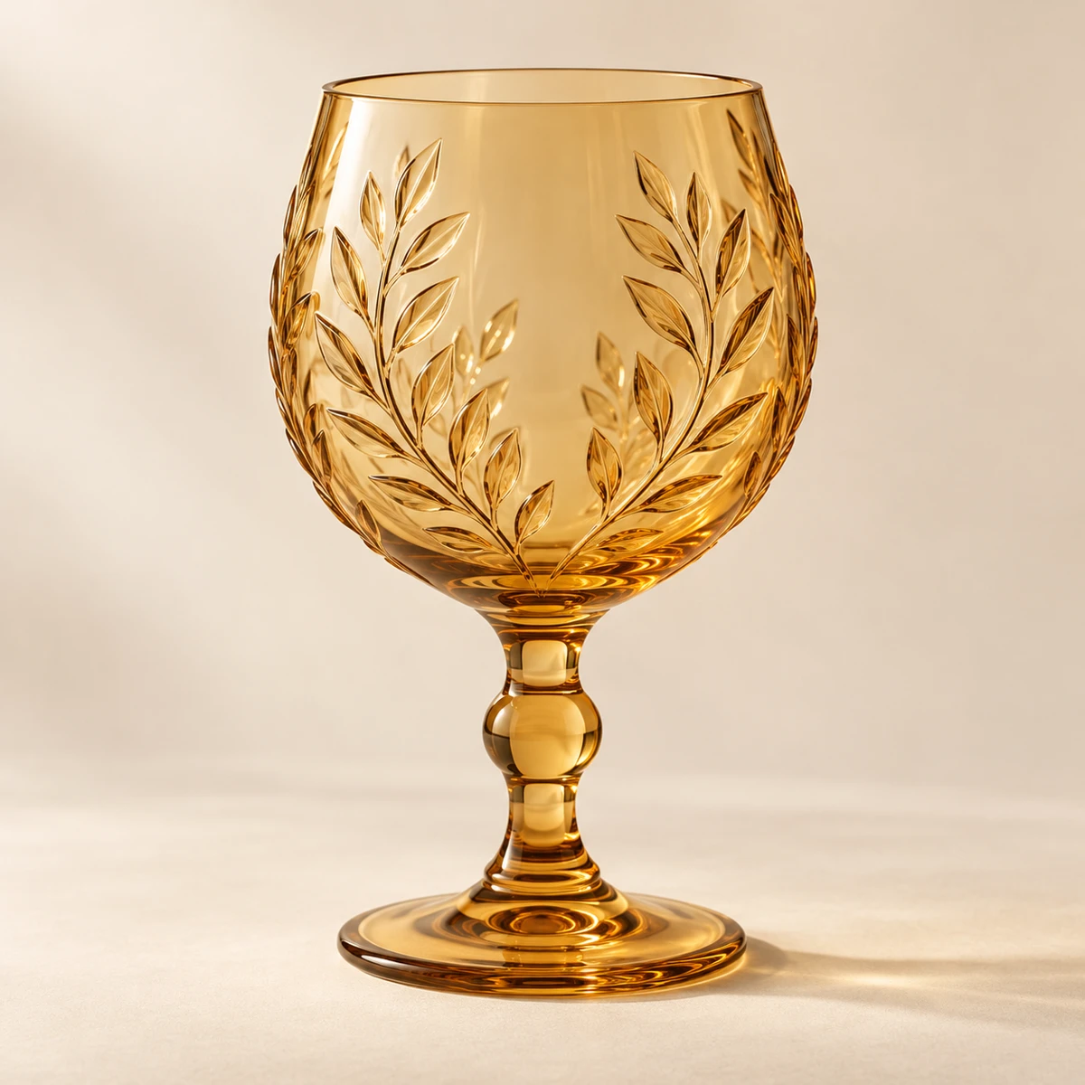 Laurel Goblet — Honey Amber, rounded bowl · laurel leaves